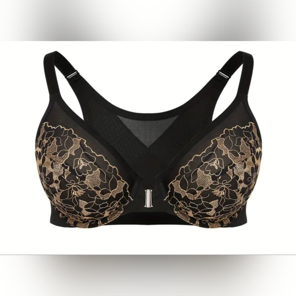 Elegant Navy And Gold Embroidered Underwire Bra 42C - Frint Closure